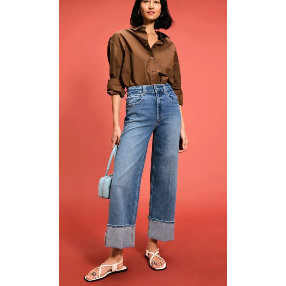 Paige Sasha Ankle Wide Cuff Storybook Distressed Jeans Sz 30 High Rise Designer